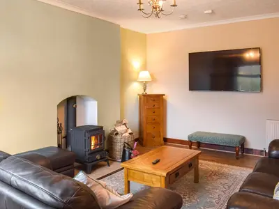 a living room with a couch and a wood stove at Winlocke Cottage in Leadhills