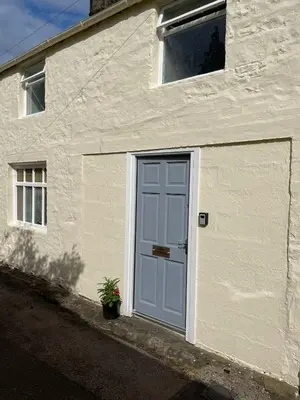 a white building with a blue door and a plant at Little Limetree in Moffat