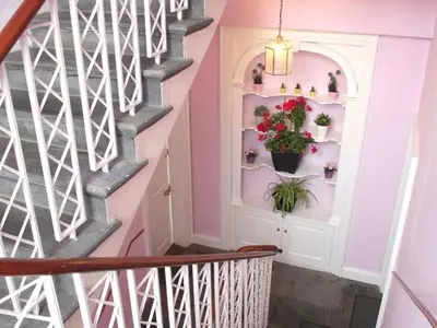 a staircase with a pink wall with potted plants at Glasgow city Charlotte service Aparments in Glasgow