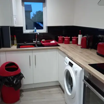 a kitchen with a washing machine and a sink at J & S Apartments in Ayr