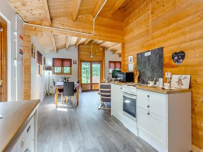 a kitchen and dining room with wooden walls and wooden floors at The Willows in Glencoe