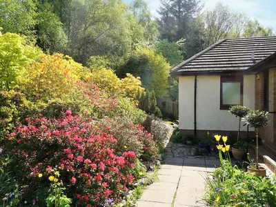 a garden with colorful flowers and a house at Rosmuire in Rhu