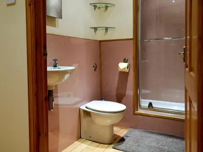 a bathroom with a toilet and a sink and a shower at Inn Cottage in Glendevon