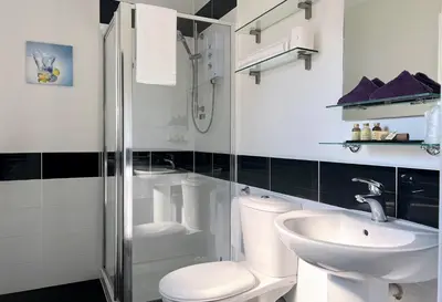 a bathroom with a toilet and a sink and a shower at Fyne Rooms in Tighnabruaich