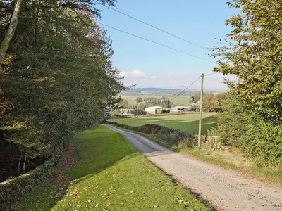a dirt road next to a field with trees at Stables Cottage-Uud in Corsock
