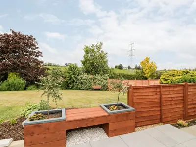 a garden with two potted trees on a wooden bench at Braeface Cottage in Bonnybridge