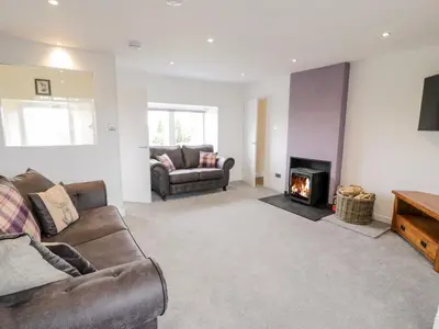 a living room with a couch and a fireplace at Braeface Cottage in Bonnybridge