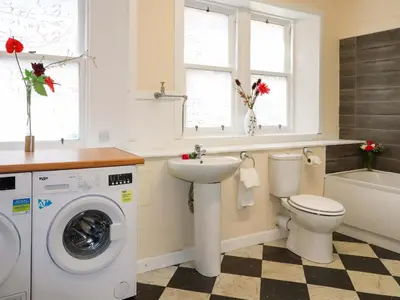 a bathroom with a washing machine and a sink at Rob Roy Apartment in Stirling