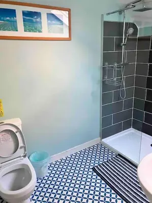 a bathroom with a shower and a toilet and a sink at The Villas in Helensburgh