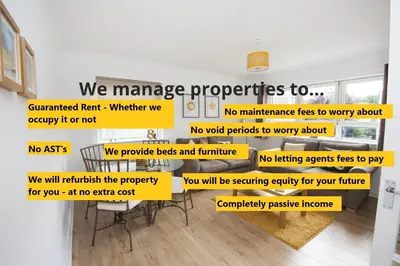 a room with signs that say we manage properties to no maintenance fees to worry about at Snug - Fountain Bank Apartment in Helensburgh