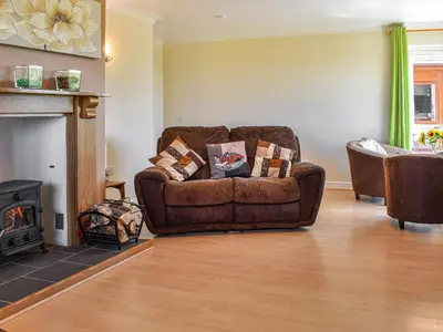 a living room with a couch and a fireplace at Little Glengyre Farm in Kirkcolm