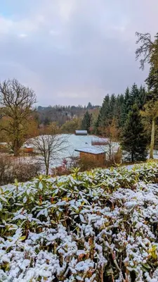 a snow covered field with plants and a body of water at Craigengillan Mini Lodge in Dalmellington