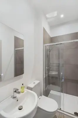 a bathroom with a toilet and a sink and a shower at The Woodside Apartments in Doune
