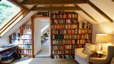 a living room with bookshelves filled with books at Glen Cottage in Comrie