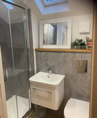 a bathroom with a toilet and a sink and a shower at Hillview Cottage in Edinburgh
