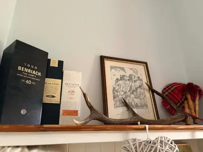 a shelf with some books and antlers on it at Castle Brae Apartment in Stirling