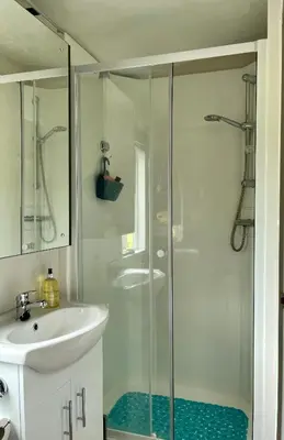 a bathroom with a shower and a sink at Honeycomb Lodge in Dollar