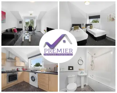 a collage of four pictures of a bedroom and a bathroom at PREMIER - Clydesdale Apartment in Mossend