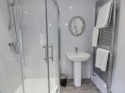 a bathroom with a shower and a sink at Prince's Cottage in Thornhill