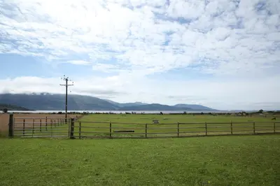a fence in a field with horses in the distance at Clovullin Croftview Pod in Ardgour