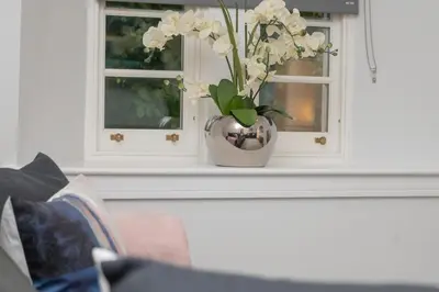 a vase with white flowers sitting on a window sill at Historical Holmehill Lodge in Dunblane