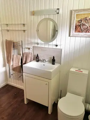 a bathroom with a white sink and a toilet at Stringy Rocks in Morenish