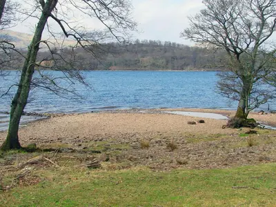 a beach with trees and a body of water at Holiday Home Lorn Mill-2 by Interhome in Balloch