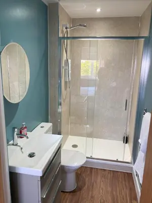 a bathroom with a shower and a sink and a toilet at Blacksands Seaview Cottage, Aberdour in Aberdour