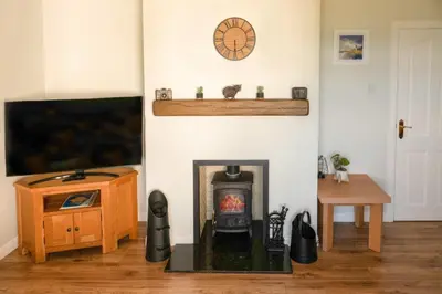 a living room with a fireplace and a tv at Sea View Farmhouse in Cushendun