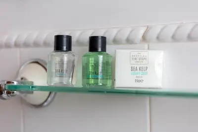 two bottles of soap on a shelf in a bathroom at Cromwell Corner - Donnini Apartments in Ayr