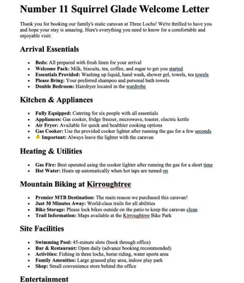 a document with the number squirrel circle welcome letter at Newton Stewart-Sleeps 6-Pool-Parking-Pet Friendly in Newton Stewart
