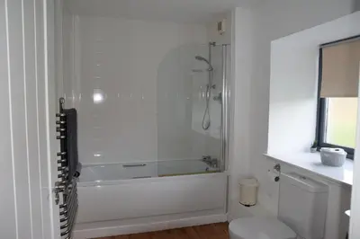 a white bathroom with a shower and a toilet at The Barn at Drumachro in Isle of Gigha
