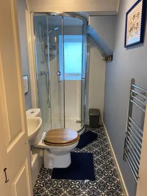 a bathroom with a shower and a toilet and a sink at Alltcreich in Craignure
