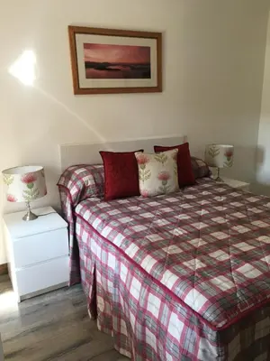 a bedroom with a bed with a plaid bedspread at Alderdale B&B in Luss