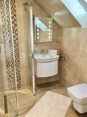 a bathroom with a shower and a sink and a toilet at Bremenvoir Barn in Bunessan