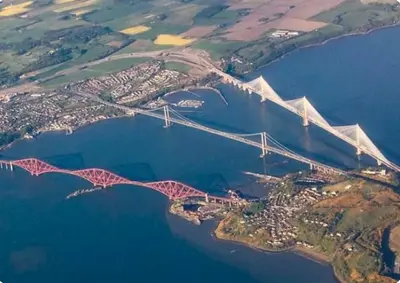 an aerial view of a bridge over a body of water at Linburn Cottage Dunfermline near Edinburgh in Dunfermline