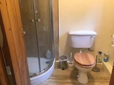 a bathroom with a shower and a toilet with a wooden seat at Barrachandroman Farmhouse in Lochbuie