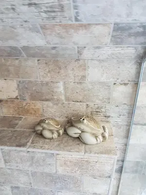two frogs are sitting on a brick floor at Station House Lanark Bed and Breakfast in Lanark