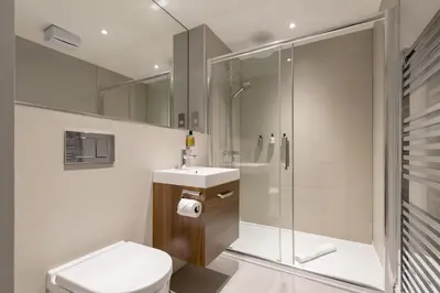 a bathroom with a shower and a toilet and a sink at Destiny Scotland - Hill Street Apartments in Edinburgh