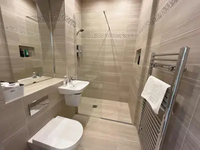 a bathroom with a toilet and a sink and a shower at King’s stable 2 rooms in Edinburgh
