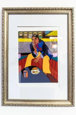 a framed picture of a woman eating food at Stylish City Pad with Free Private Parking in Glasgow