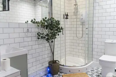 a bathroom with a shower with a potted plant in it at CODE - The Loft, Edinburgh in Edinburgh
