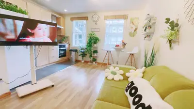 a living room with a green couch and a flat screen tv at E'holidays in Edinburgh