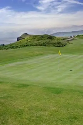 a golf course with a yellow flag on the green at Inishroel Cottage in Campbeltown