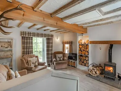 a living room with a fireplace and a wood stove at 1 Bed in Callander oc-pe173 in Strathyre