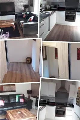 a collage of photos of a kitchen and a living room at Spacious Modern Apartment in Glasgow