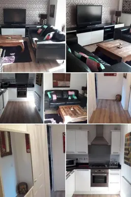 a collage of photos of a living room with a tv at Spacious Modern Apartment in Glasgow