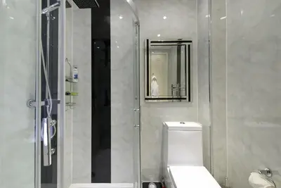 a bathroom with a shower and a toilet and a sink at Wallace Apartment in Stirling