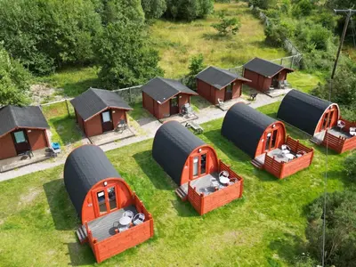 an aerial view of a group of inflatable domes at MacDonald Hotel & Cabins in Kinlochleven
