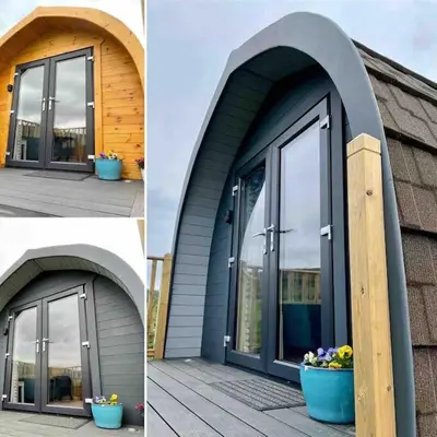two pictures of a building with a large glass door at The Pod Over By in Kilmichael Glassary